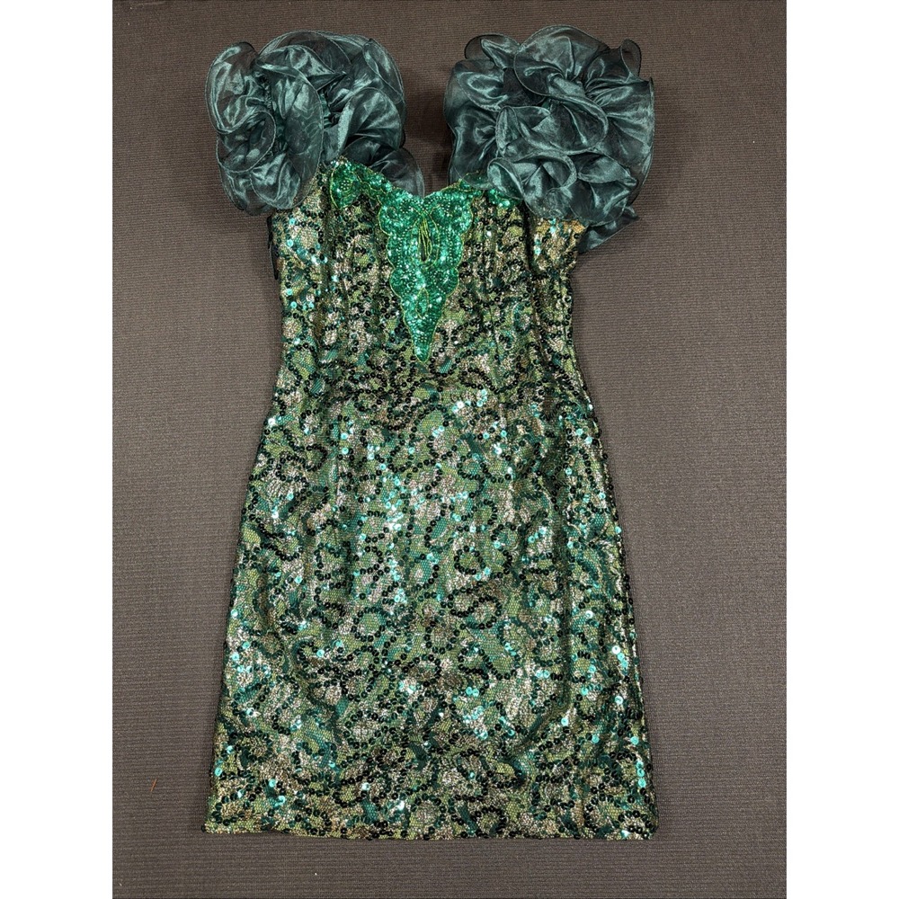 Dave & Johnny VTG 80s Green Sequin Statement Puff Sleeve Peep Hole Dress Size S